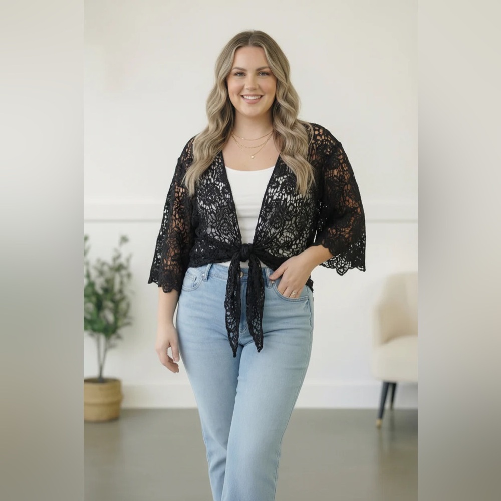 Crochet Tie-Front Kimono Shrug - Black - Picture 7 of 8